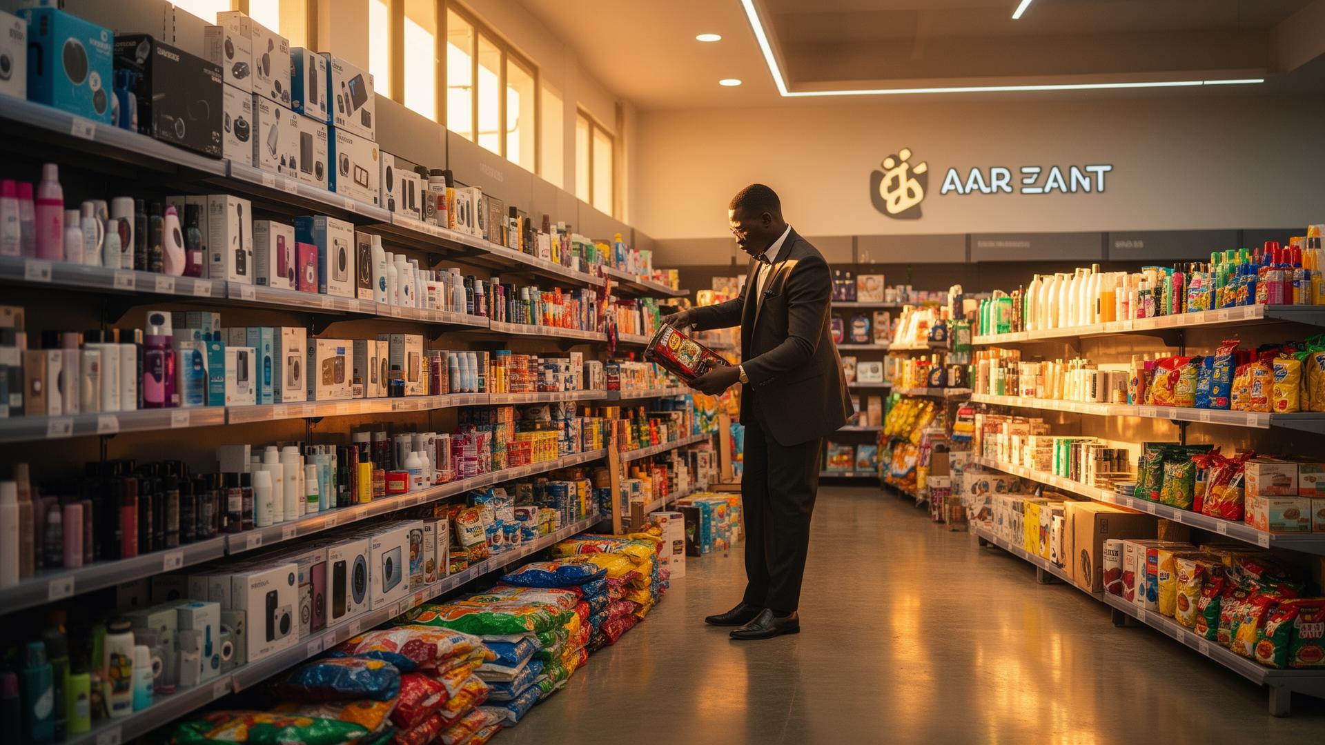 Magasin moderne de commerce général à Abidjan, rayons soignés et marchand en costume