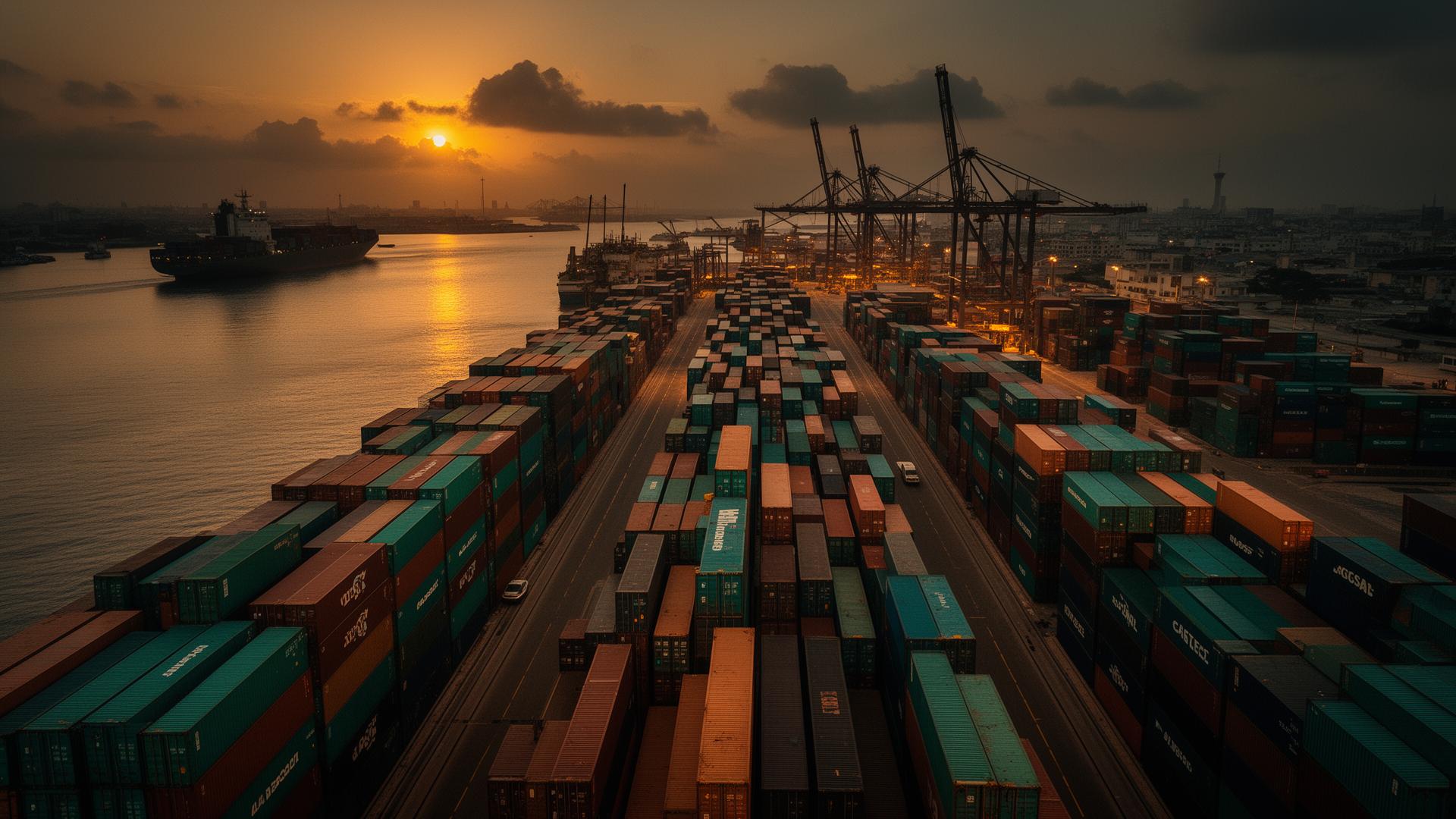 Terminal à conteneurs du port d'Abidjan au crépuscule, navire amarré et grues alignées