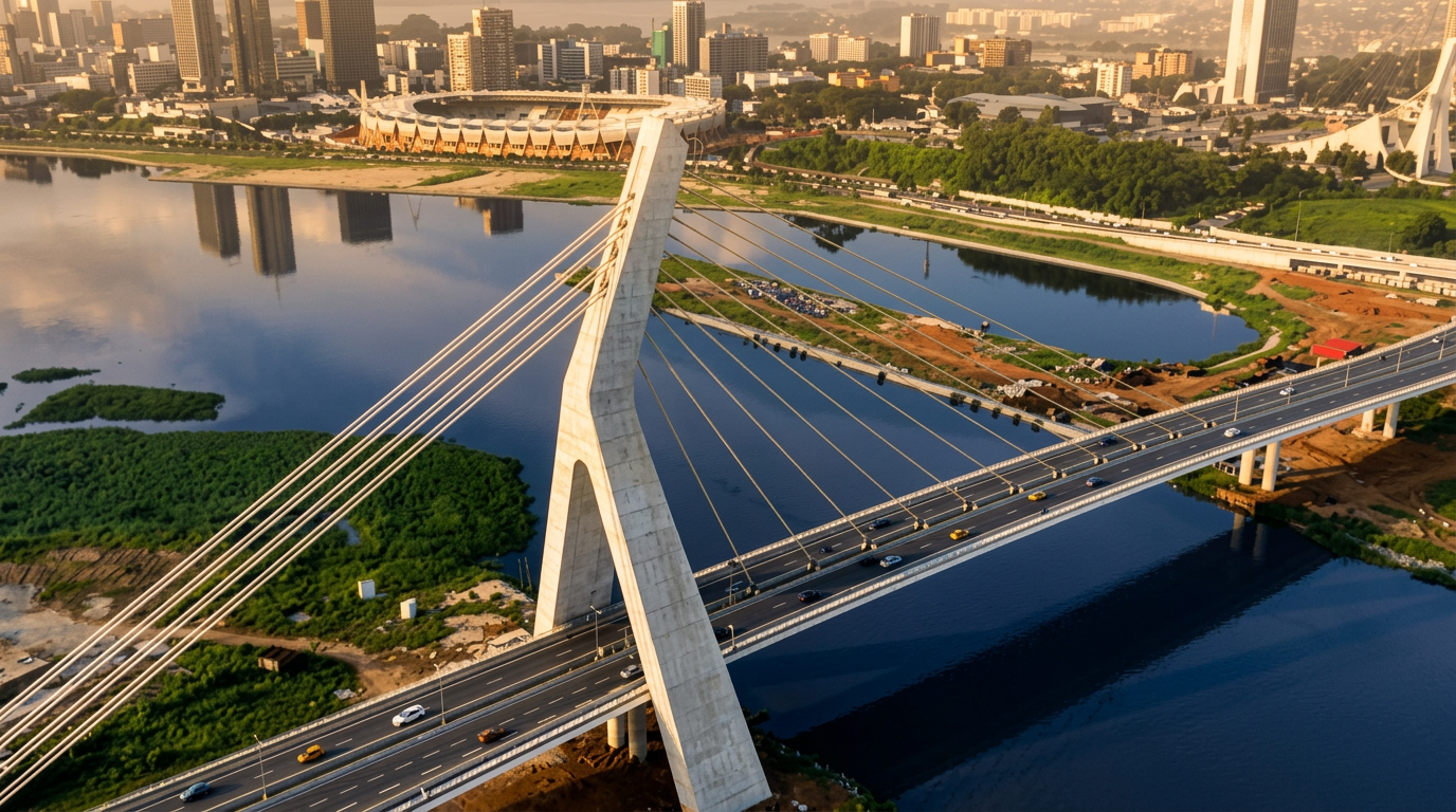 Pont Henri Konan Bédié (Pont ADO) et skyline du Plateau d'Abidjan au crépuscule